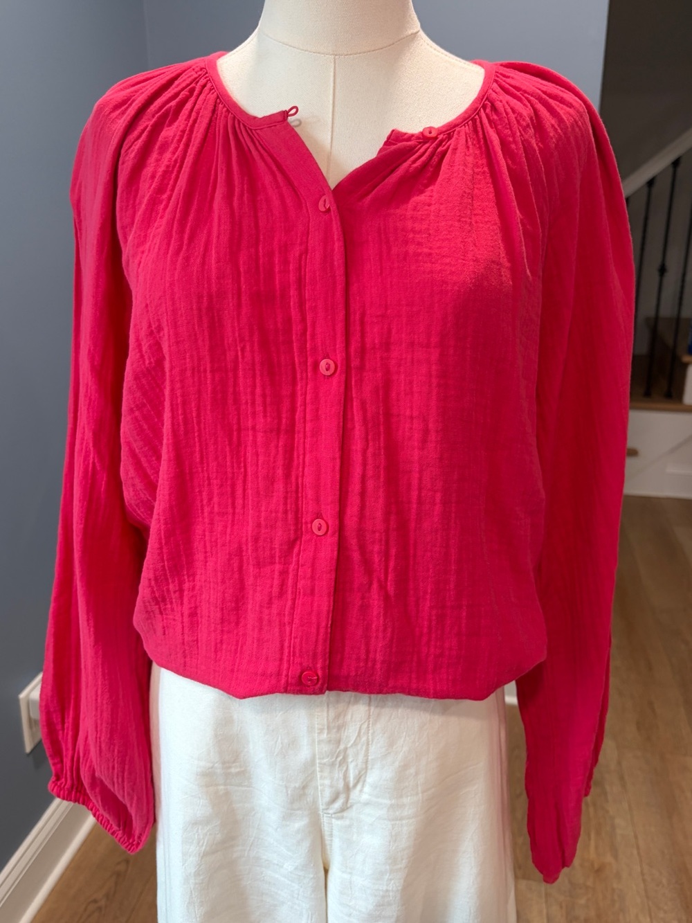 Quince Organic Cotton Gauze Button Front Blouse Hot Pink M
